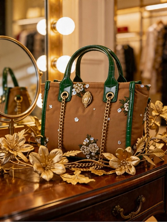 Kurt Geiger Handbags - Kurt Geiger Embellished Brown Satchel with Green Trim and Gold Chain